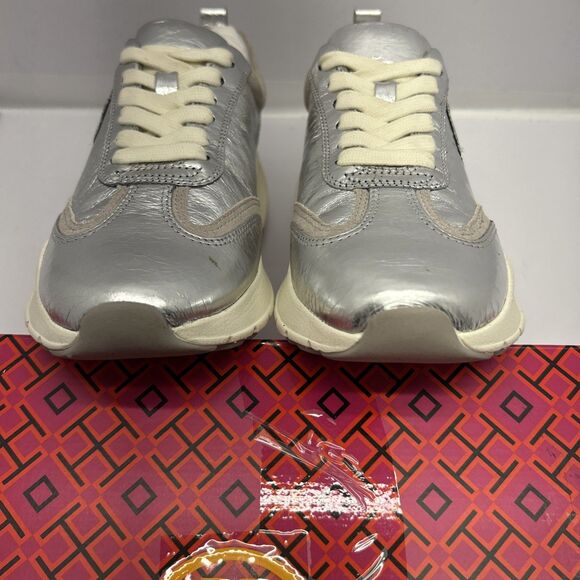 Tory Burch Good Luck Trainer Metallic Silver Leather Womens 5 New in Box - Picture 8 of 11